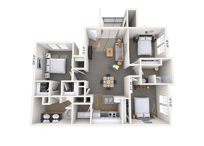 Floor plan for 3 beds, 2 baths, 1329 sqft