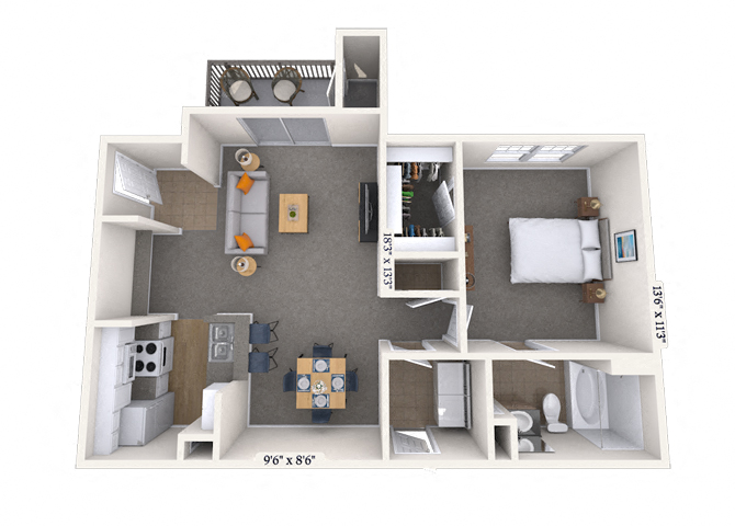 Floor plan for 1 bed, 1 bath, 823 sqft