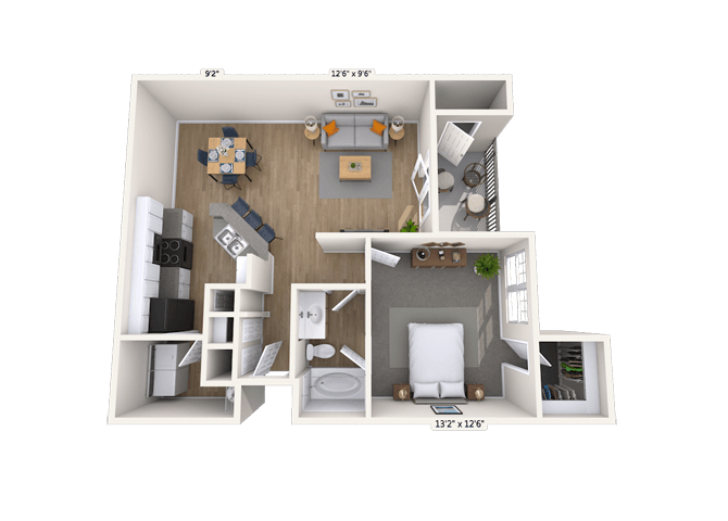 Floor plan for 1 bed, 1 bath, 796 sqft