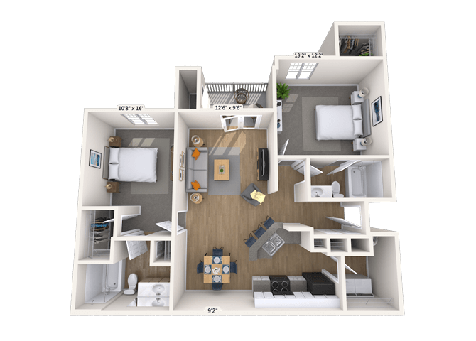 Floor plan for 2 beds, 2 baths, 1060 sqft