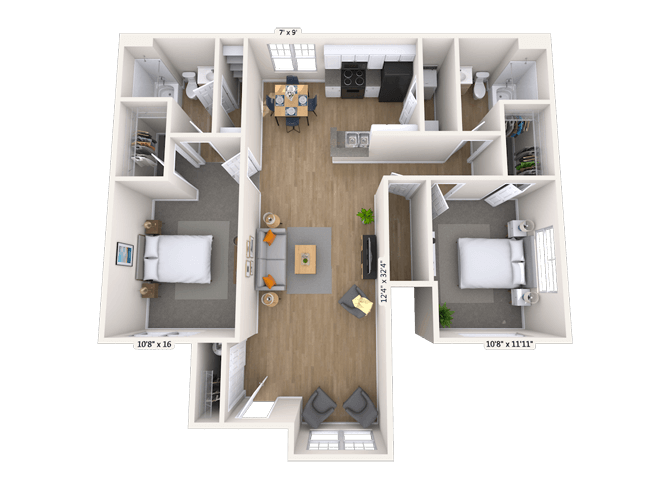 Floor plan for 2 beds, 2 baths, 1112 sqft