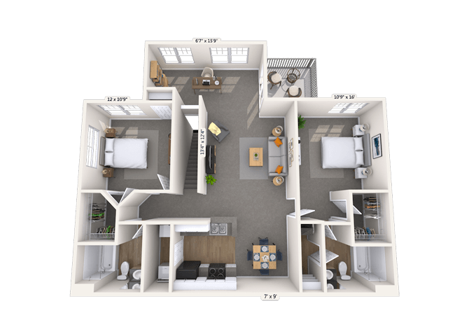 Floor plan for 2 beds, 2 baths, 1185 sqft