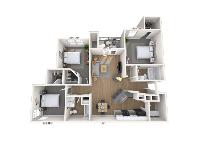 Floor plan for 3 beds, 2 baths, 1252 sqft