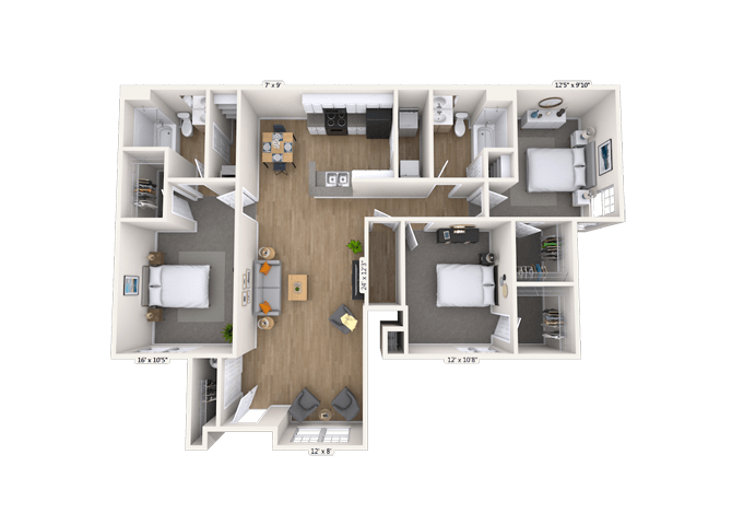 Floor plan for 3 beds, 2 baths, 1310 sqft