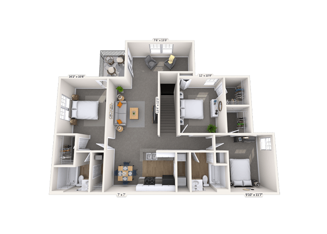 Floor plan for 3 beds, 2 baths, 1386 sqft