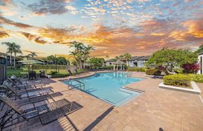 Brandon apartment for rent - a swimming pool with chairs around it at sunset