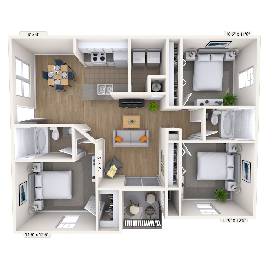 Floor plan for 3 beds, 2 baths, 1107 sqft