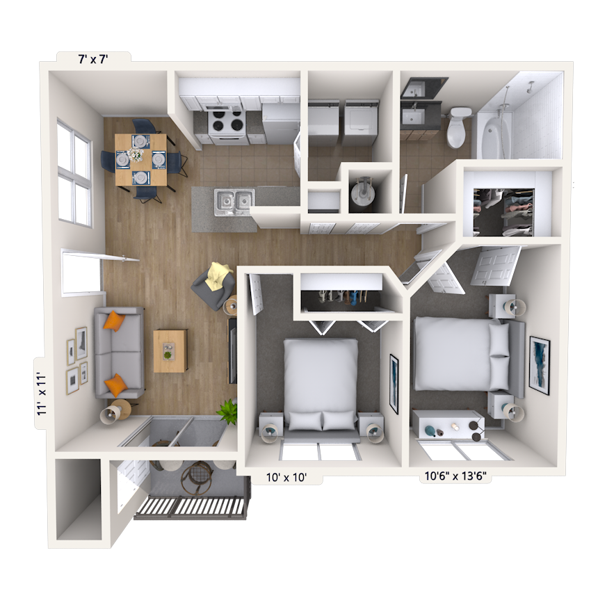 Floor plan for 2 beds, 1 bath, 810 sqft