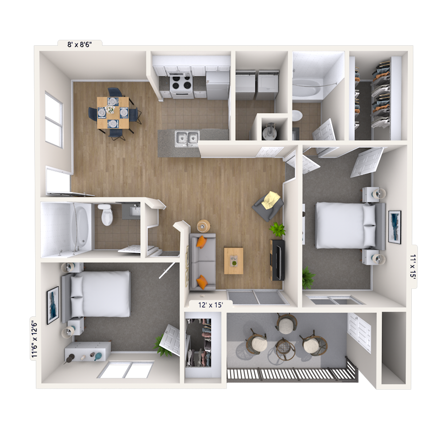 Floor plan for 2 beds, 2 baths, 952 sqft