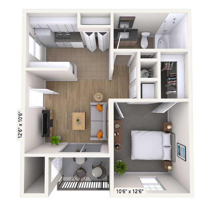 Floor plan for 1 bed, 1 bath, 533 sqft