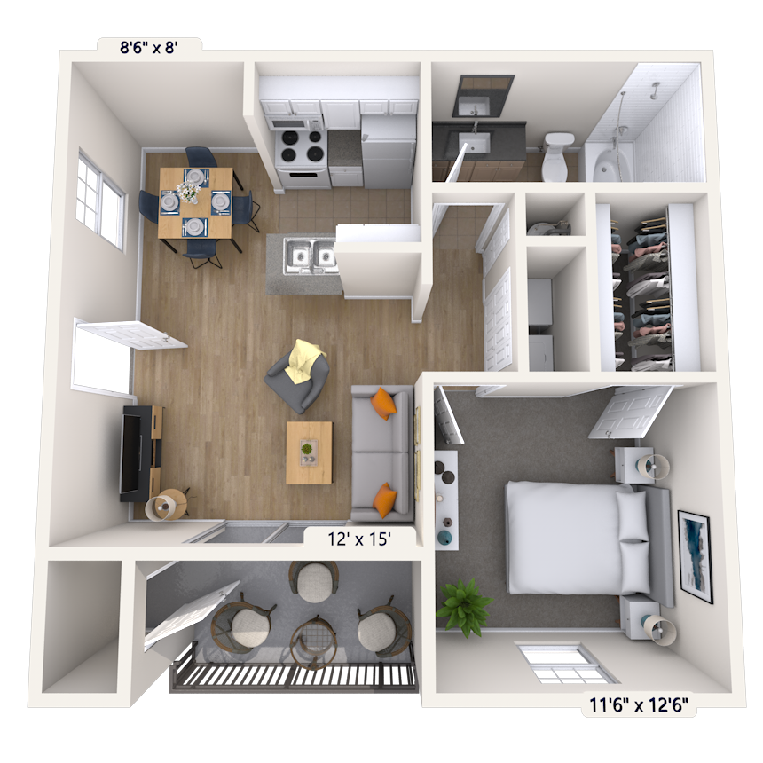 Floor plan for 1 bed, 1 bath, 652 sqft
