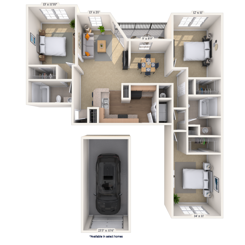 Floor plan for 3 beds, 2 baths, 1412 sqft