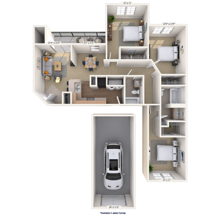 Floor plan for 3 beds, 2 baths, 1436 sqft