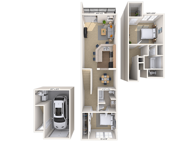Floor plan for 2 beds, 2 baths, 1275 sqft