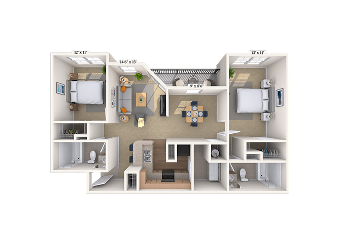 Floor plan for 2 beds, 2 baths, 1135 sqft