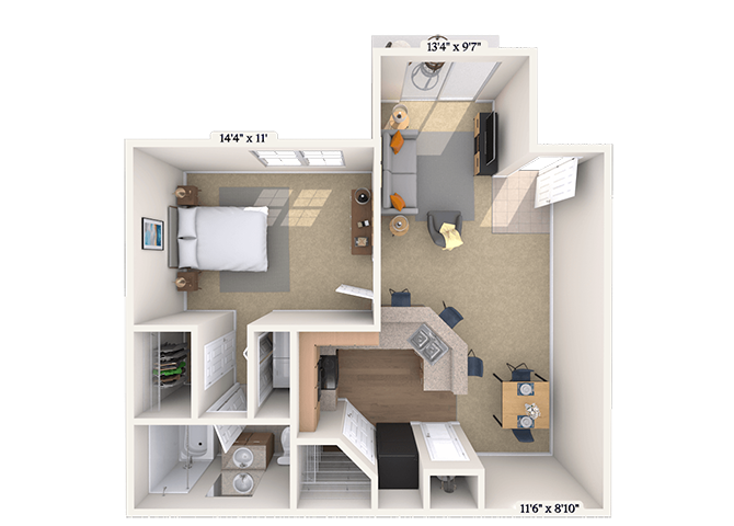 Floor plan for 1 bed, 1 bath, 827 sqft