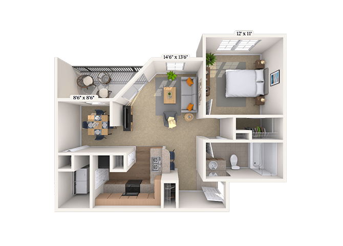Floor plan for 1 bed, 1 bath, 842 sqft