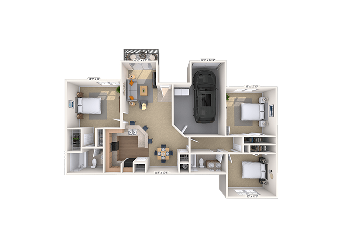 Floor plan for 3 beds, 2 baths, 1361 sqft