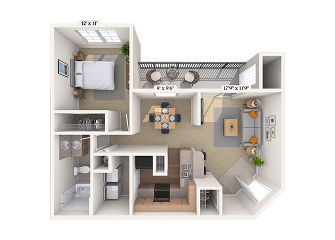 Floor plan for 1 bed, 1 bath, 902 sqft