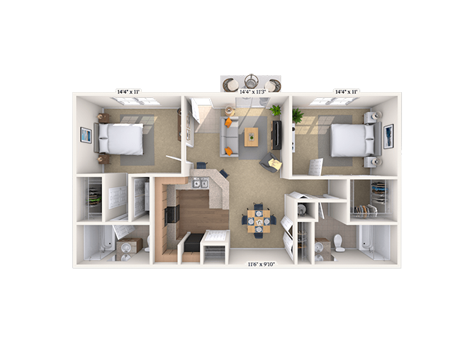 Floor plan for 2 beds, 2 baths, 1160 sqft