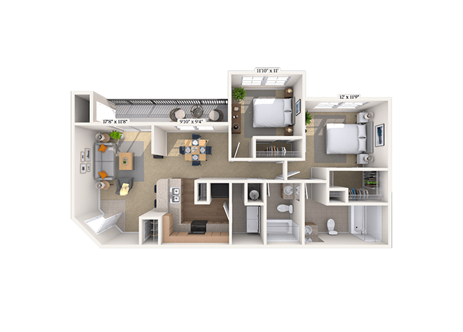 Floor plan for 2 beds, 2 baths, 1160 sqft