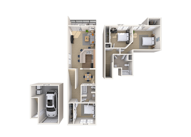 Floor plan for 3 beds, 2 baths, 1351 sqft