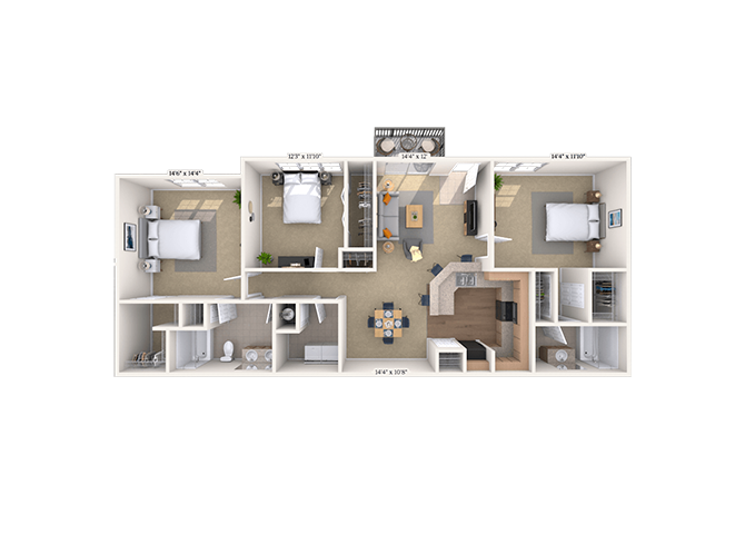 Floor plan for 3 beds, 2 baths, 1365 sqft