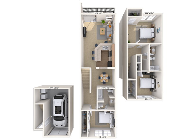 Floor plan for 3 beds, 2 baths, 1376 sqft