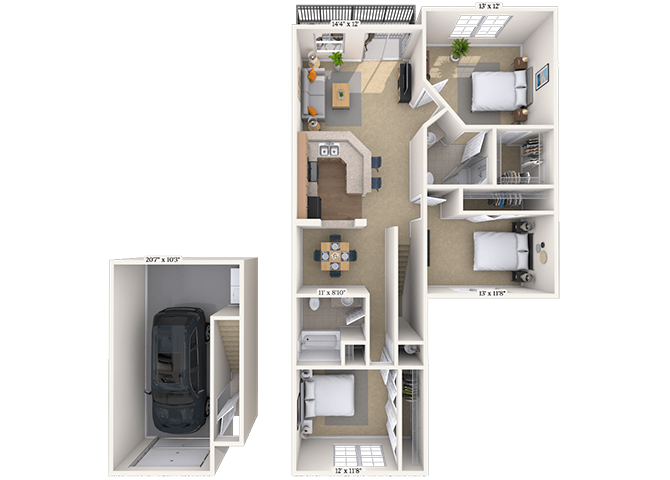 Floor plan for 3 beds, 2 baths, 1293 sqft