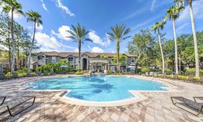 Palm Harbor apartment for rent - a large swimming pool with palm trees and a house in the background