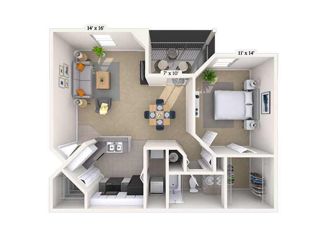 Floor plan for 1 bed, 1 bath, 815 sqft