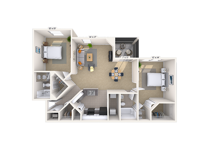 Floor plan for 2 beds, 2 baths, 1078 sqft