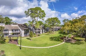 Tampa apartment for rent - an aerial view of an apartment complex with green grass and trees
