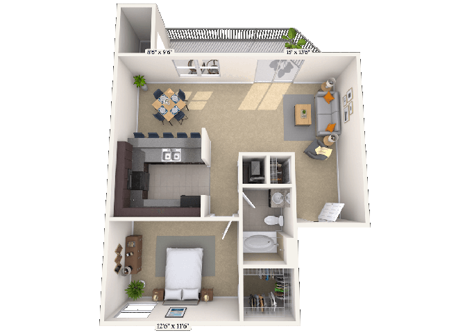 Floor plan for 1 bed, 1 bath, 750 sqft
