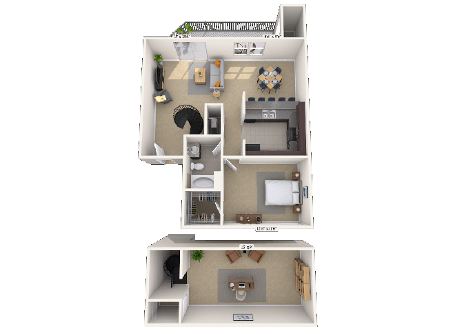 Floor plan for 1 bed, 1 bath, 905 sqft