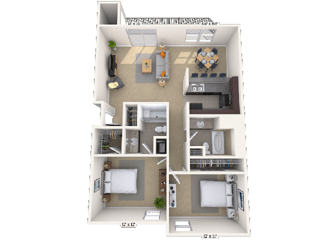 Floor plan for 2 beds, 2 baths, 1040 sqft