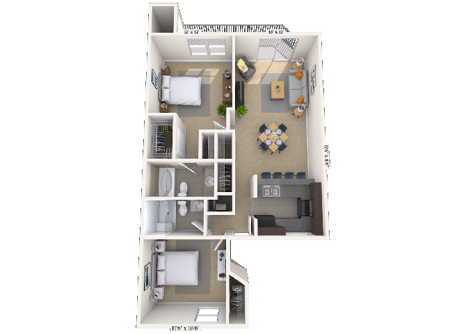 Floor plan for 2 beds, 2 baths, 1040 sqft