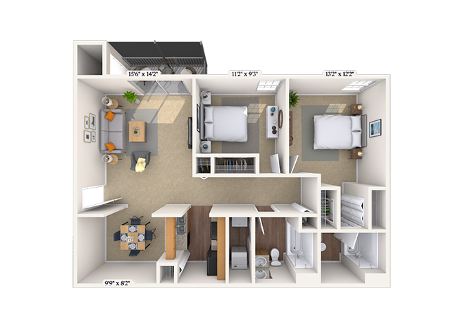 Floor plan for 2 beds, 2 baths, 1053 sqft