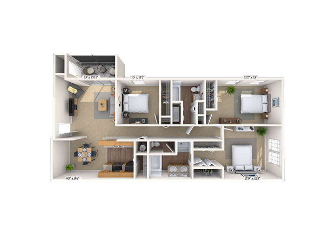 Floor plan for 3 beds, 2 baths, 1442 sqft