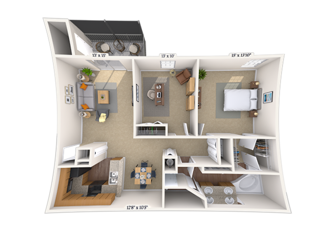 Floor plan for 2 beds, 1 bath, 1264 sqft