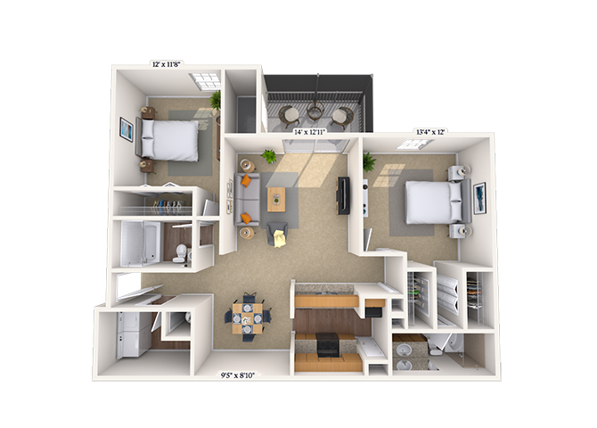 Floor plan for 2 beds, 2 baths, 1109 sqft