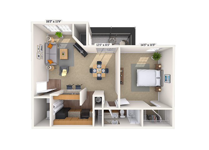 Floor plan for 1 bed, 1 bath, 820 sqft