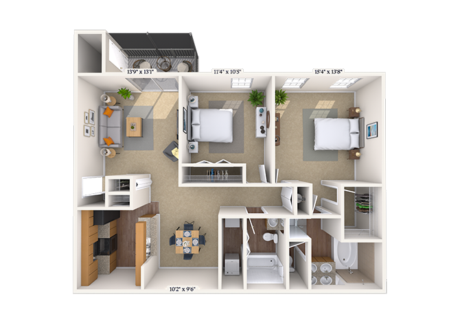 Floor plan for 2 beds, 2 baths, 1198 sqft