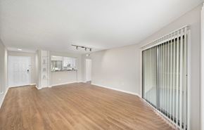 Tampa apartment for rent - an empty living room with a sliding glass door to a kitchen