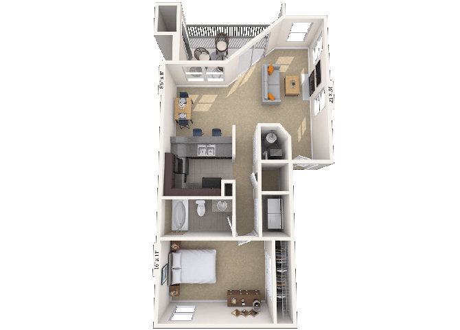 Floor plan for 1 bed, 1 bath, 805 sqft