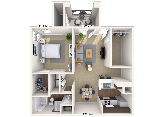 Floor plan for 1 bed, 1 bath, 933 sqft
