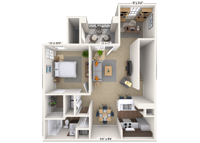Floor plan for 1 bed, 1 bath, 1049 sqft