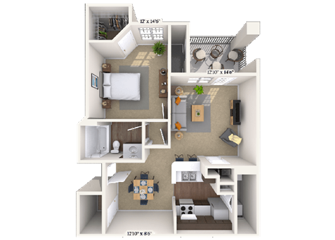 Floor plan for 1 bed, 1 bath, 846 sqft