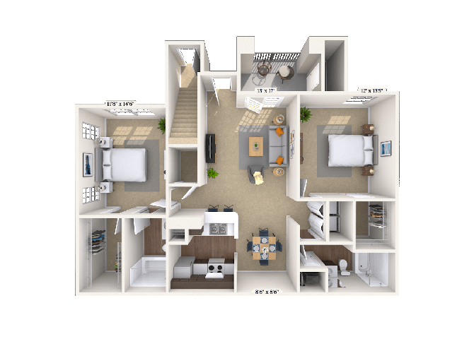 Floor plan for 2 beds, 2 baths, 1233 sqft