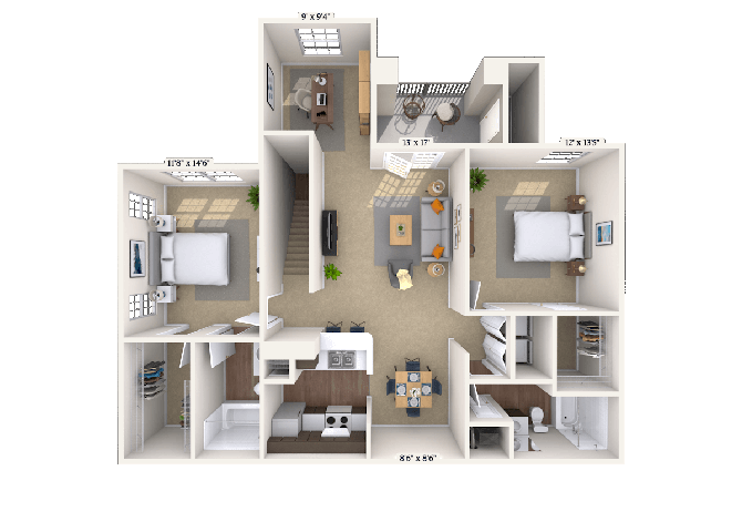 Floor plan for 2 beds, 2 baths, 1348 sqft